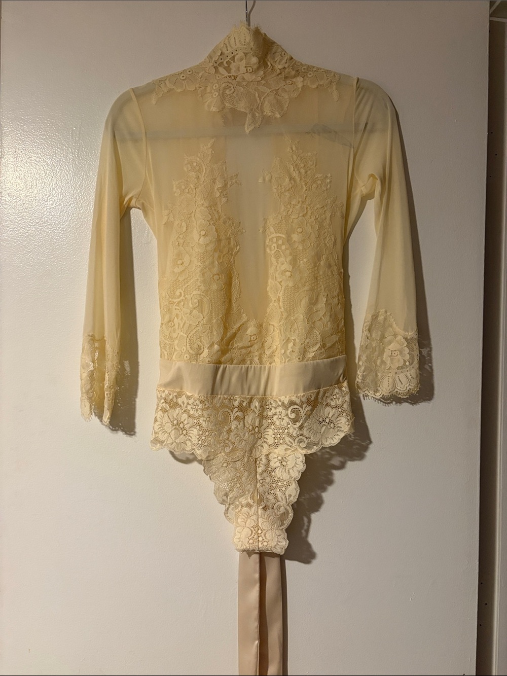 Sheer Lace High-Neck Chemise Bodysuit in Pale Yellow